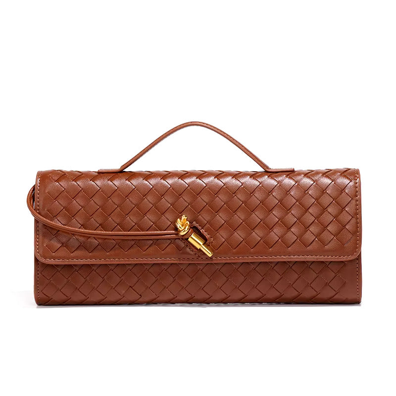 Woven women's clutch bag textured finish rectangular silhouette metallic twist lock elegant evening