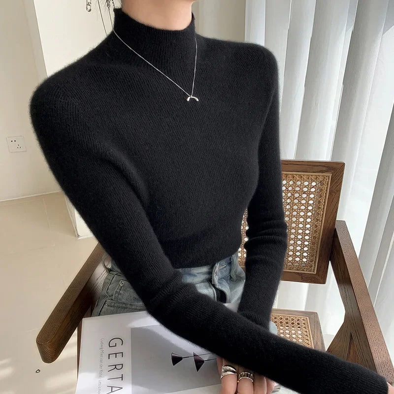 Women's slim fit ribbed mock neck sweater hip-length silhouette sleek everyday comfort knit