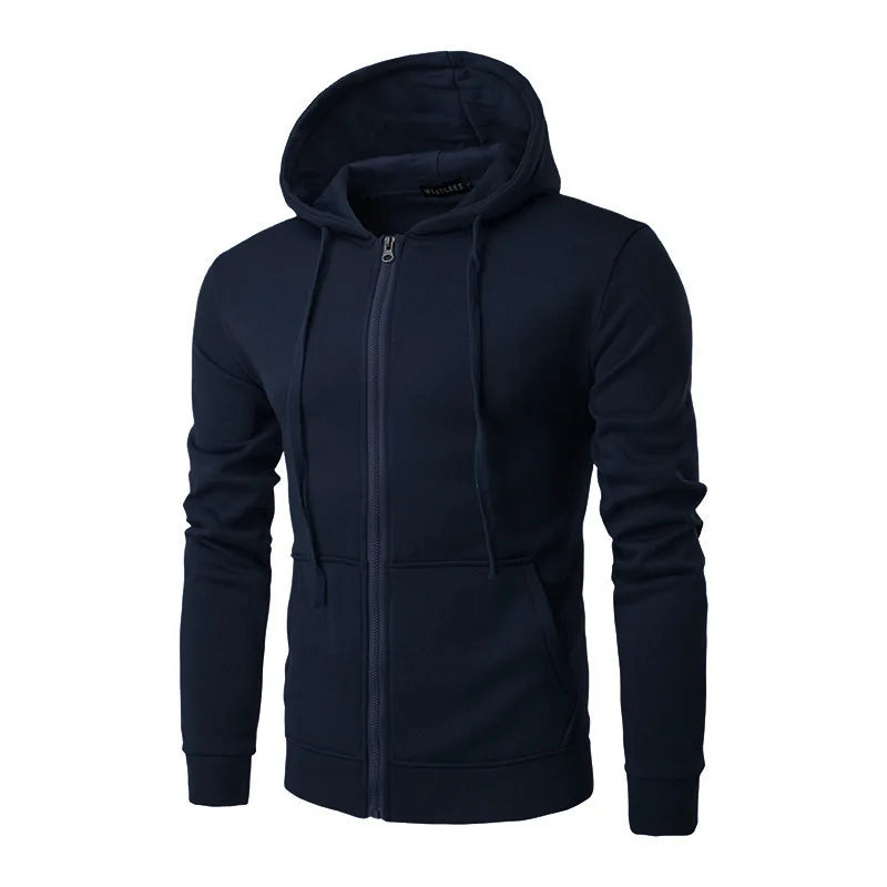 Men's gray zip-up street hoodie with full-length zipper, clean urban cut for everyday layered warmth