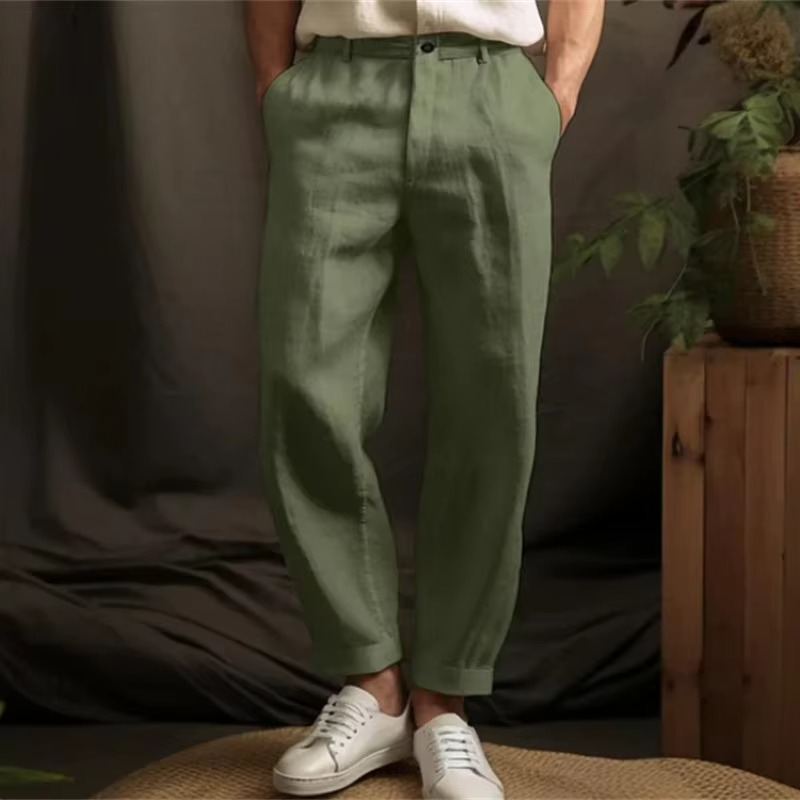 Men's light beige linen blend relaxed fit trousers with breathable fabric for warm weather