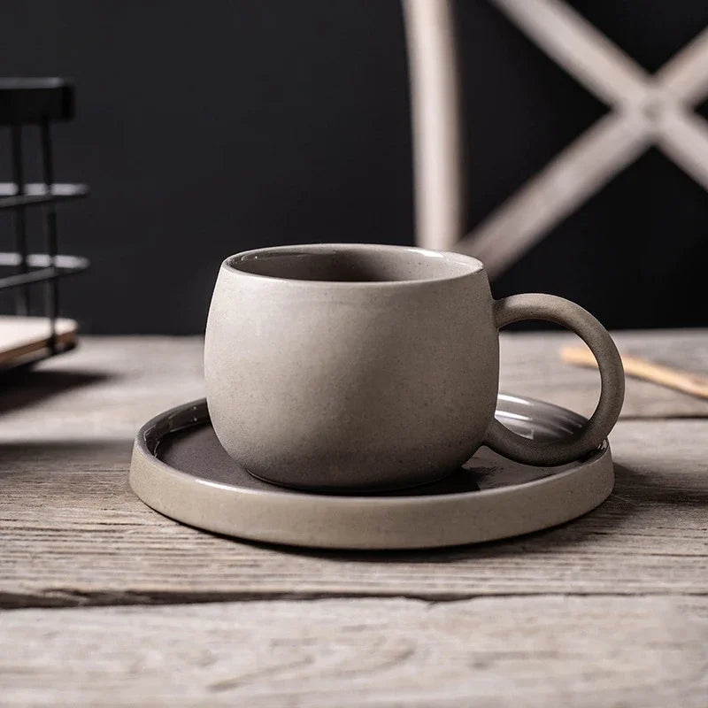 Terra ceramic stone coffee cups with saucer, matte textured finish, ergonomic handle, 300ml
