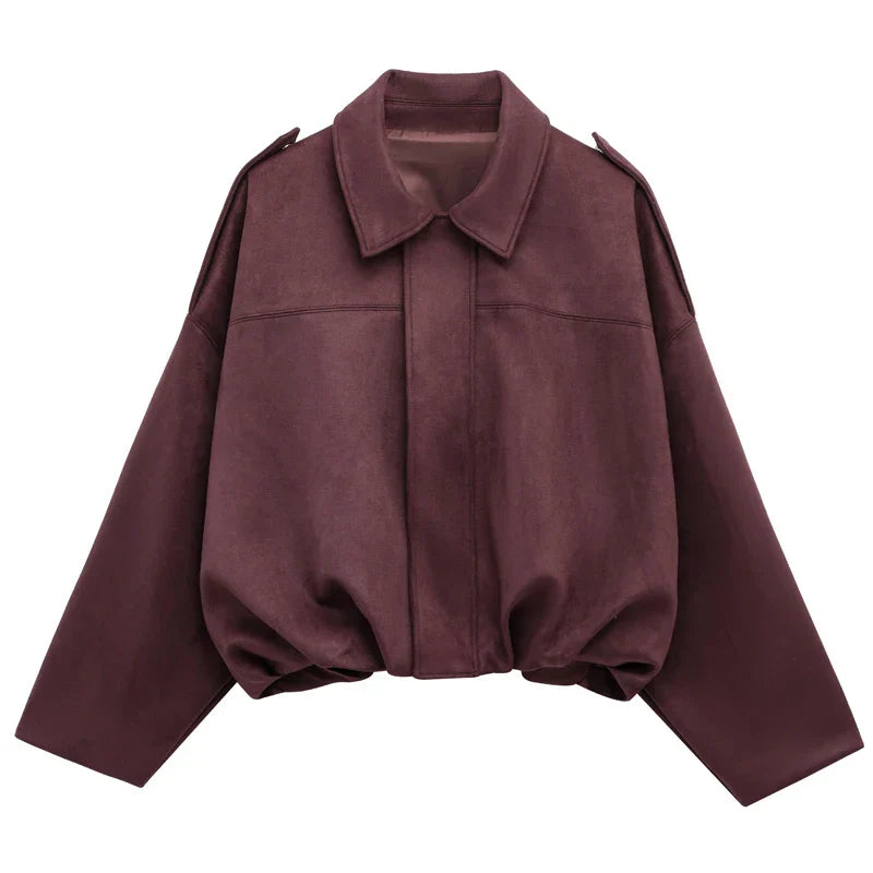 Women's cropped bomber jacket black lapel collar zip-front street-style layering essential