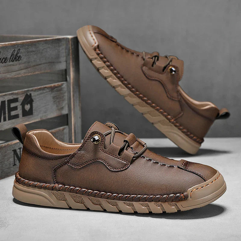 Men's brown genuine Italian leather lace-up dress shoes with cushioned insole and slip-resistant sole