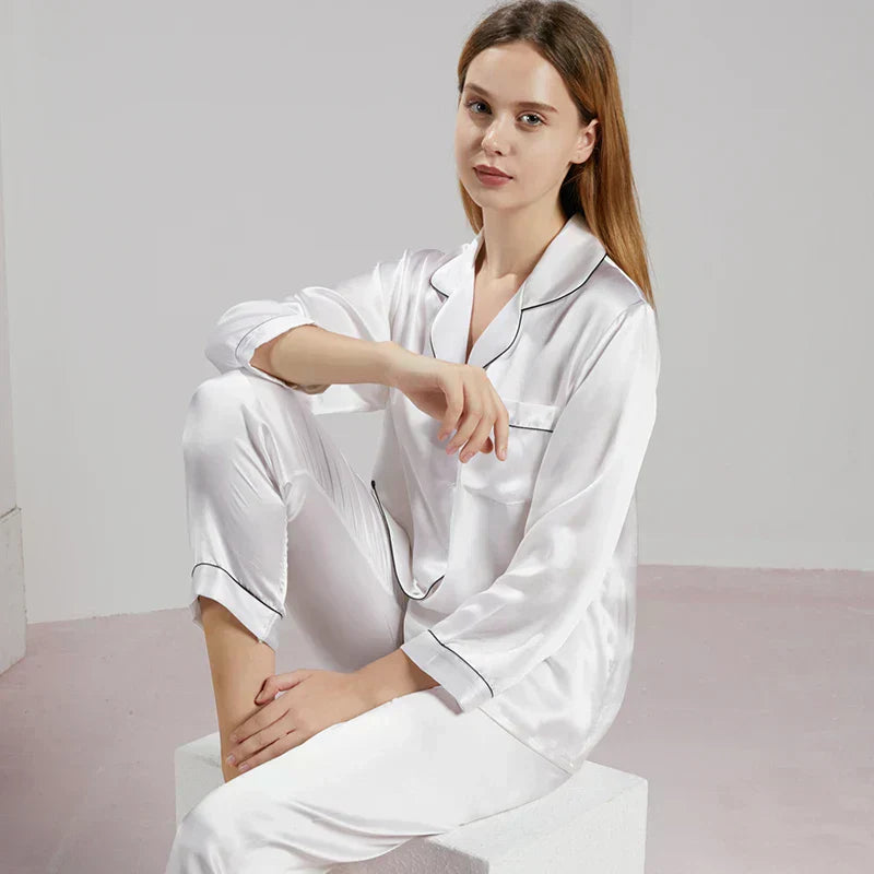 Black women's silk pajama set loose comfortable silhouette pure 100% silk sleepwear elegant luxury
