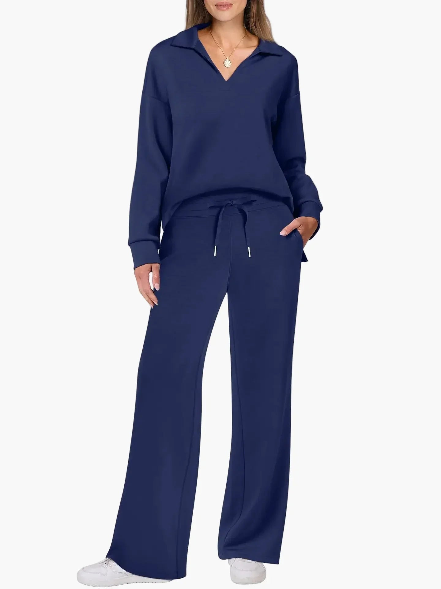 Women's lounge set wide leg pants V-neck top relaxed fit collar detail travel comfort