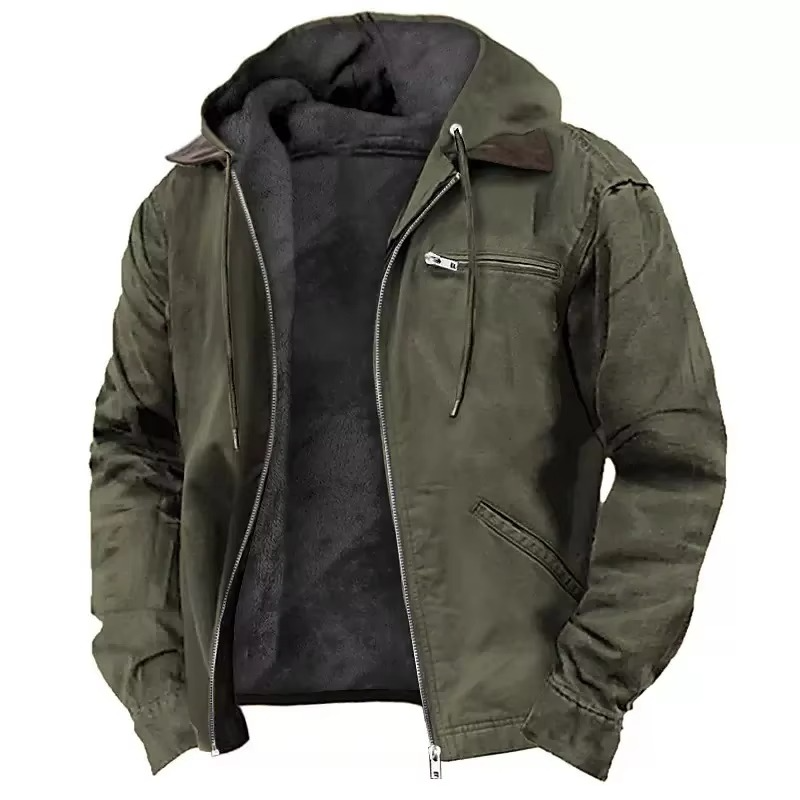 Men's heavyweight hooded workwear jacket relaxed fit wind-resistant insulated lining for fall winter
