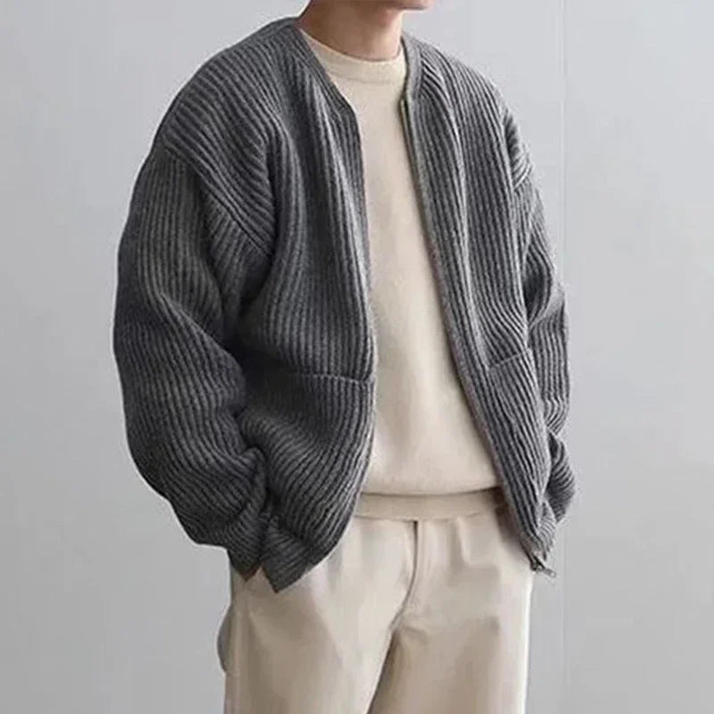 Men's gray breathable knit coat slim-fit silhouette with zipper closure and side pockets