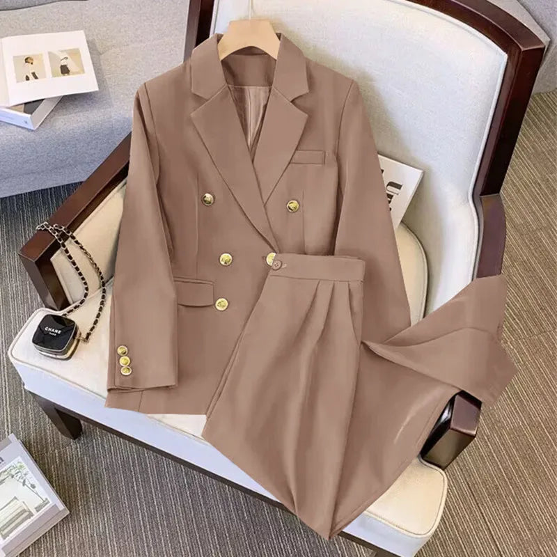 Women's classic double-breasted two-piece suit set in elegant cut for professional wear