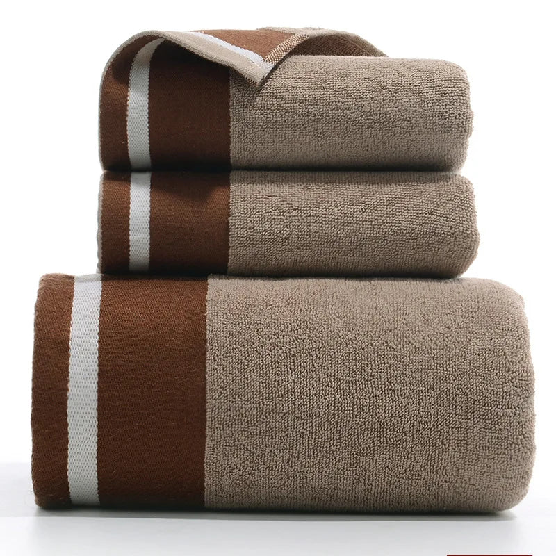 3-piece bamboo cotton towel set in earthy green and brown color-block for modern bathroom decor
