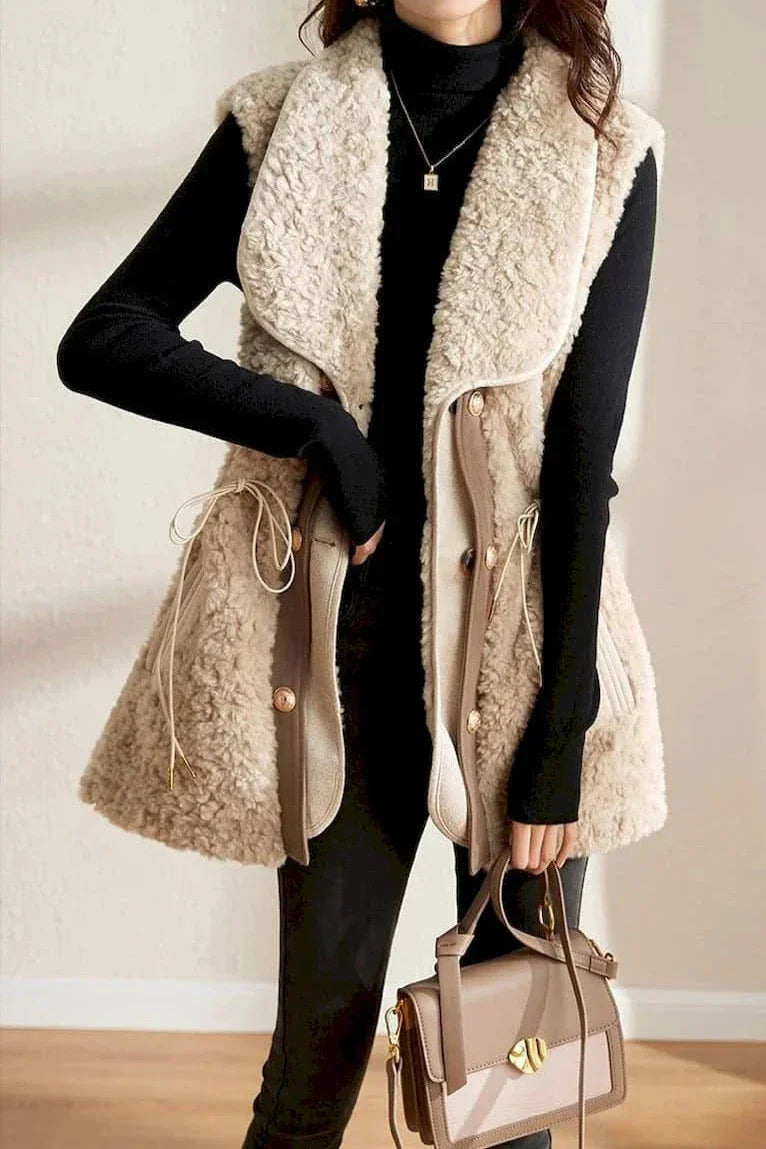Women's plush wool vest in neutral tone, wide collar silhouette with elegant gold button front closure