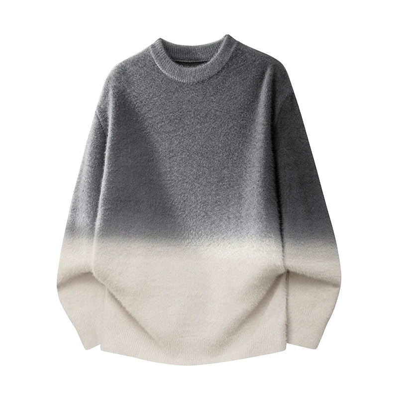 Unisex ombre knit sweater with gradient gray-to-cream fade, soft-touch minimalist casual layering