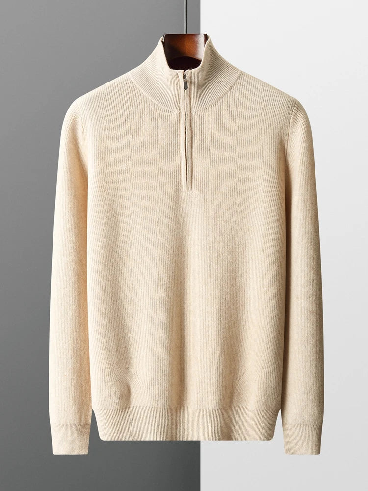 Men's burgundy merino wool quarter-zip pullover with ribbed collar and premium insulation