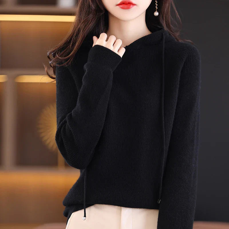 Women's slim fit merino wool hoodie, lightweight warm layer with silk-soft texture