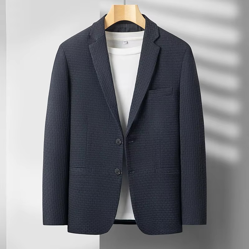 Men's wool blend tailored suit jacket slim fit structured silhouette for business formal occasions