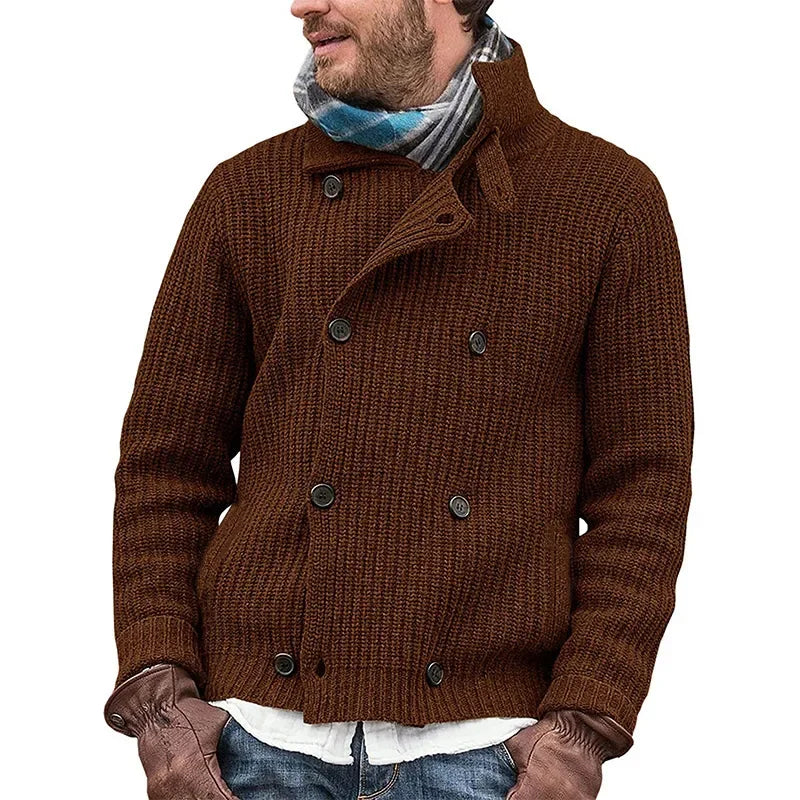 Men's navy chunky knit double-breasted cardigan tailored fit smart casual layering essential