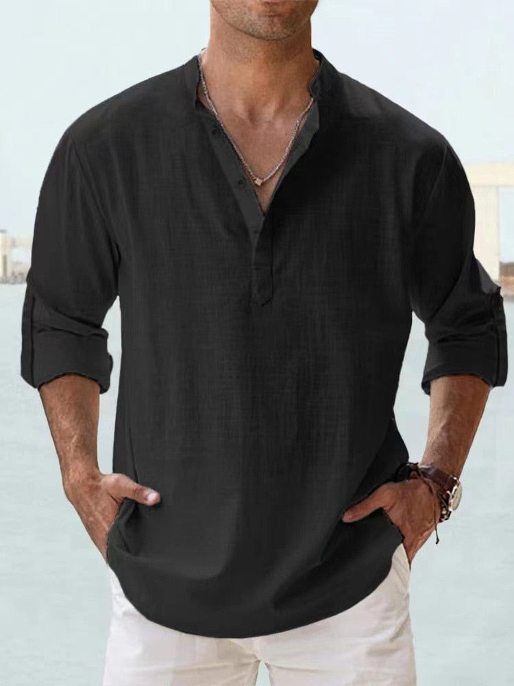 Men's relaxed fit grandad collar shirt long sleeves sustainable lightweight fabric casual style
