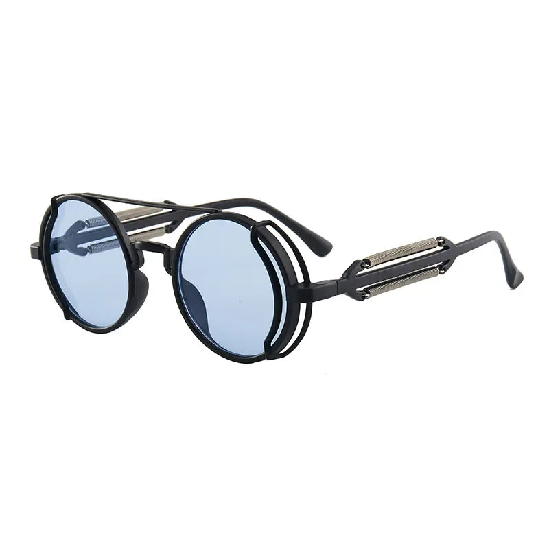 Round mirror sunglasses with intricate joint design, reflective lenses, bold modern fashion style
