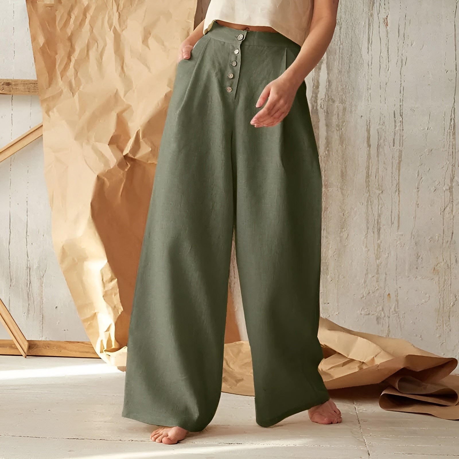 Jade wide-leg palazzo pants women high waist button-up cotton linen flowing silhouette