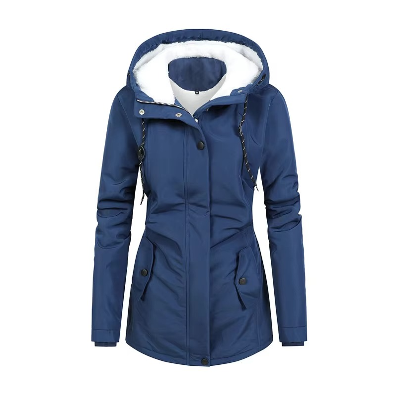 Women's retro fleece-lined hooded mid-length winter parka, cozy cotton blend warm everyday style