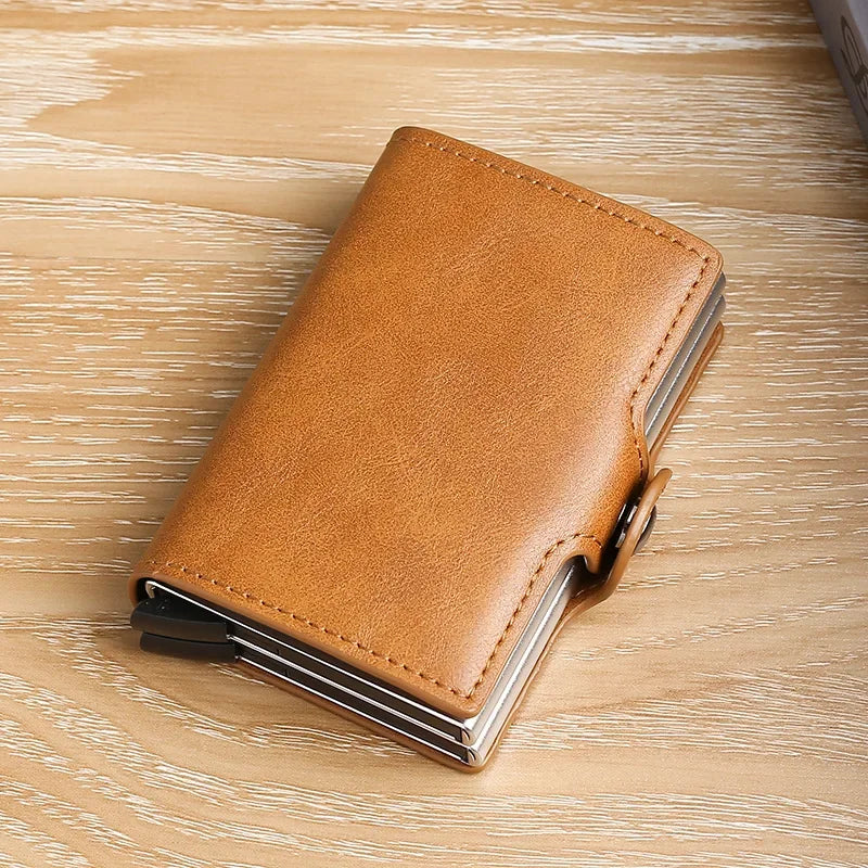 TitanGuard slim leather wallet carbon fiber exterior RFID blocking double-layer card storage