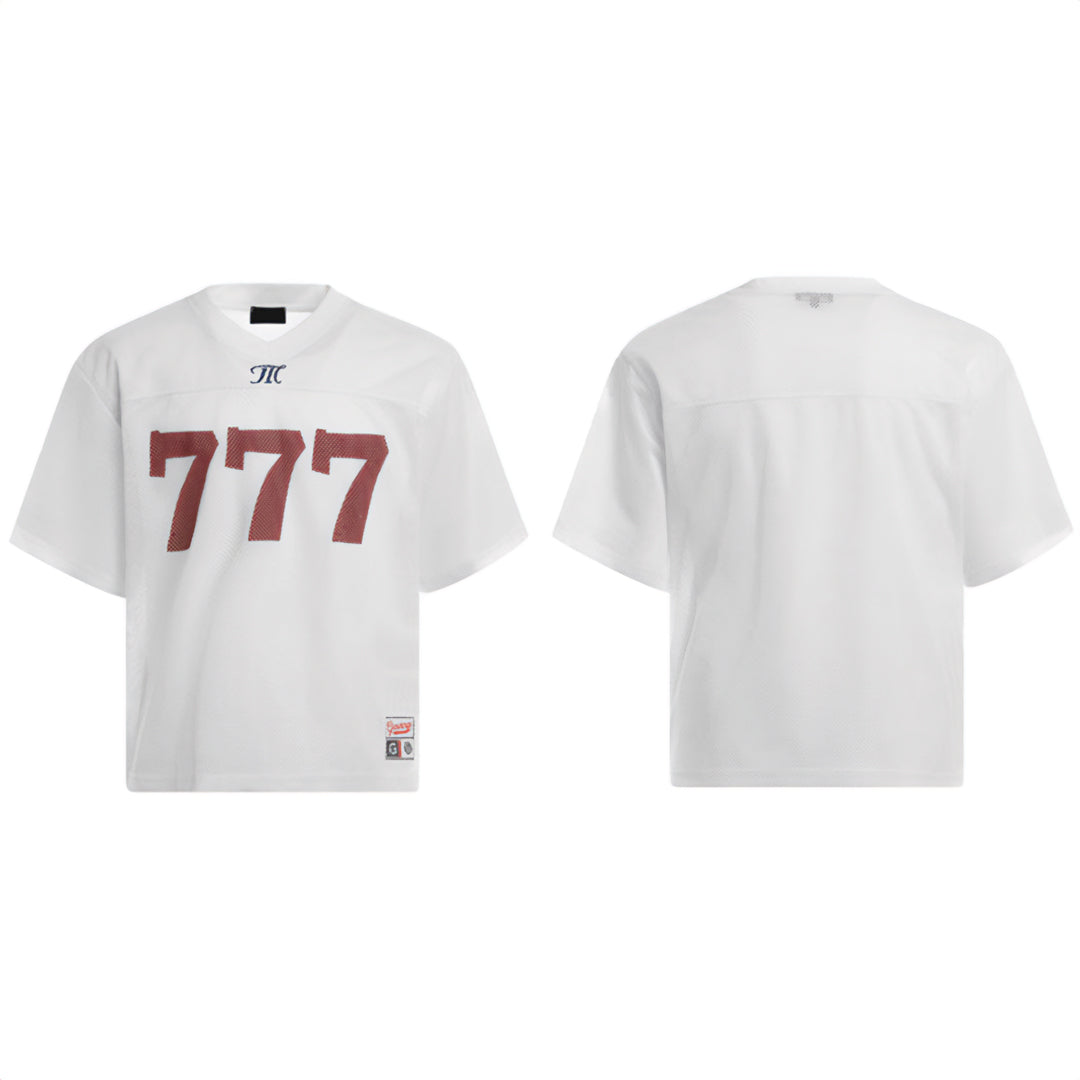 White cropped mesh football jersey number 777 V-neck quick-dry breathable fabric fan top