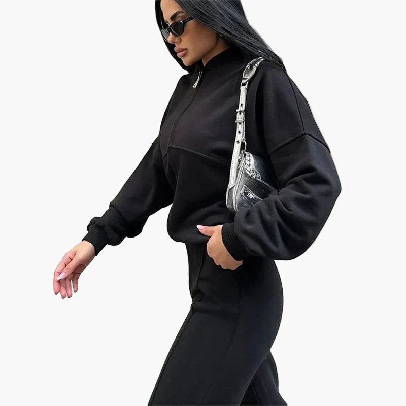 Women oversized two-piece casual suit wide pants zip-up jacket urban streetwear minimalist style