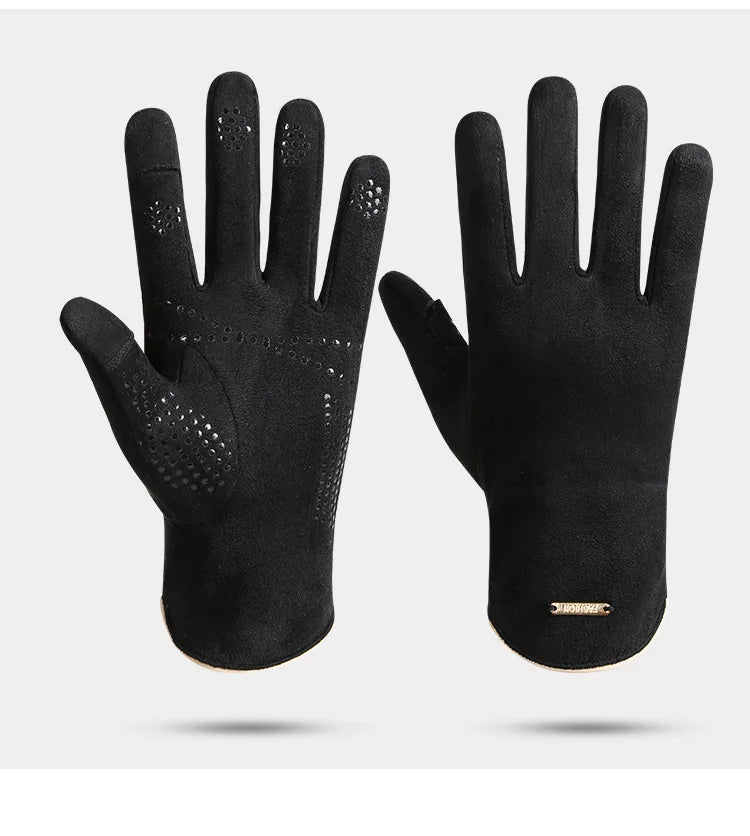 Women's black form-fitting utility gloves with studded trim and contrast detail for casual everyday style