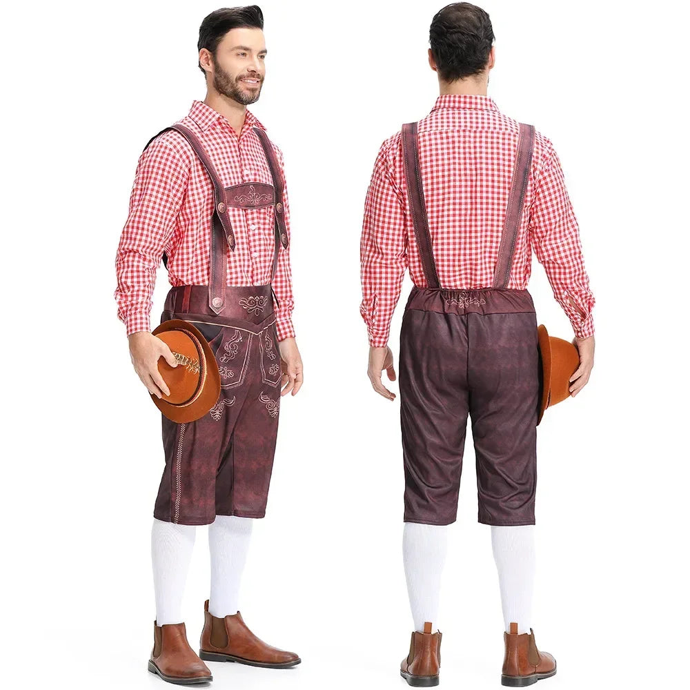 Men's brown Lederhosen tailored fit costume with embroidered bib and embossed detailing for Oktoberfest