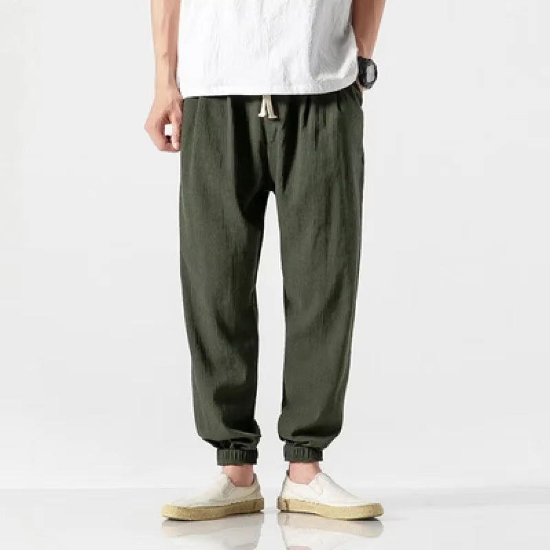 Men's cotton linen harem trousers relaxed fit casual pants with cuffed ankles breathable lightweight