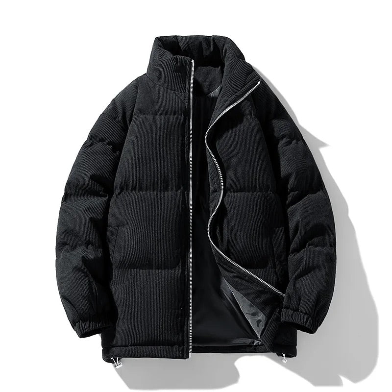 Men's oversized corduroy puffer jacket quilted finish relaxed silhouette casual all-season outerwear