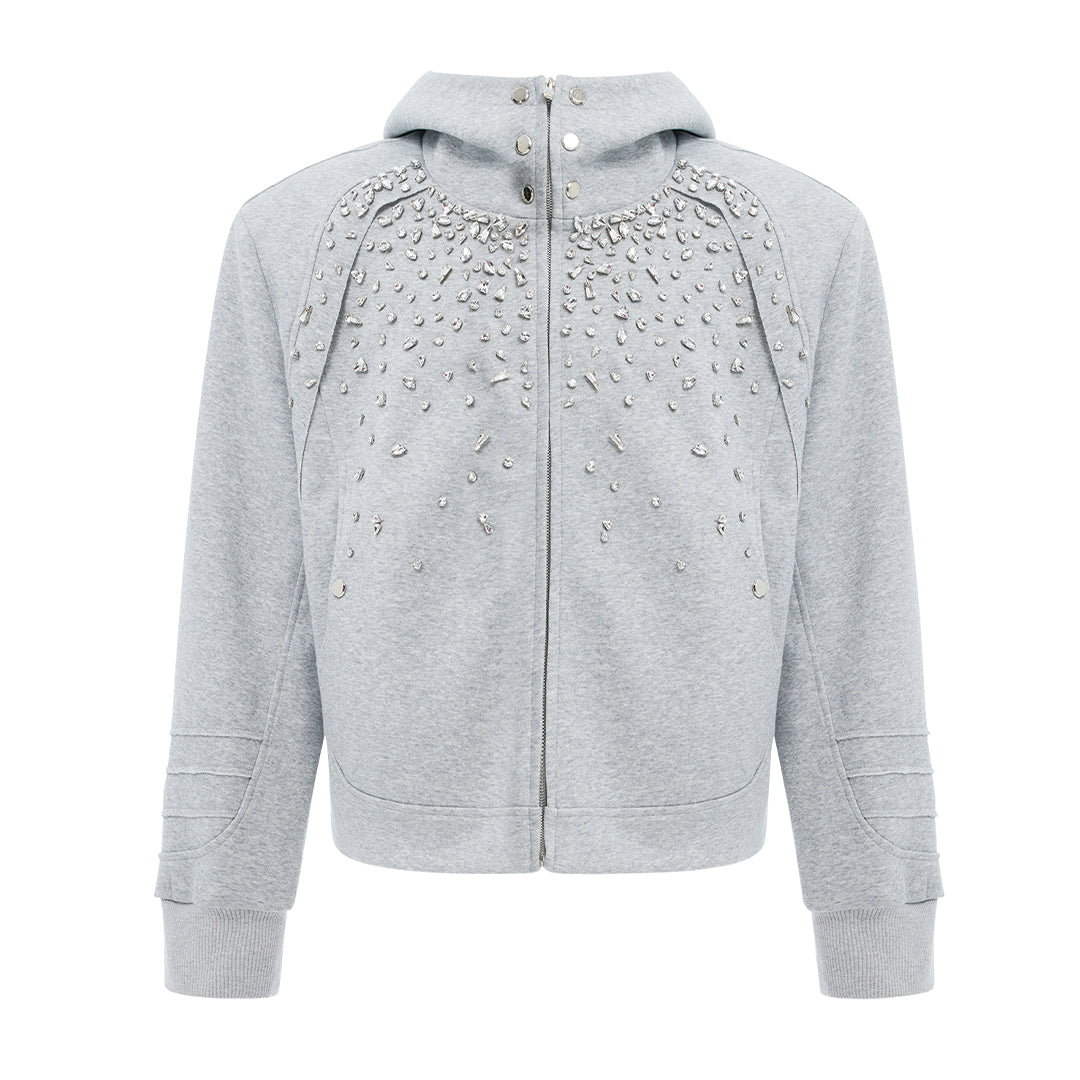 Black streetwear hoodie cotton blend with hand-detailed rhinestones across chest and shoulders