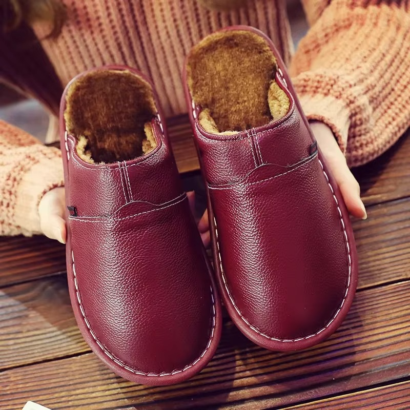 Unisex waterproof leather plush slippers warm brown premium upper cozy indoor house shoes
