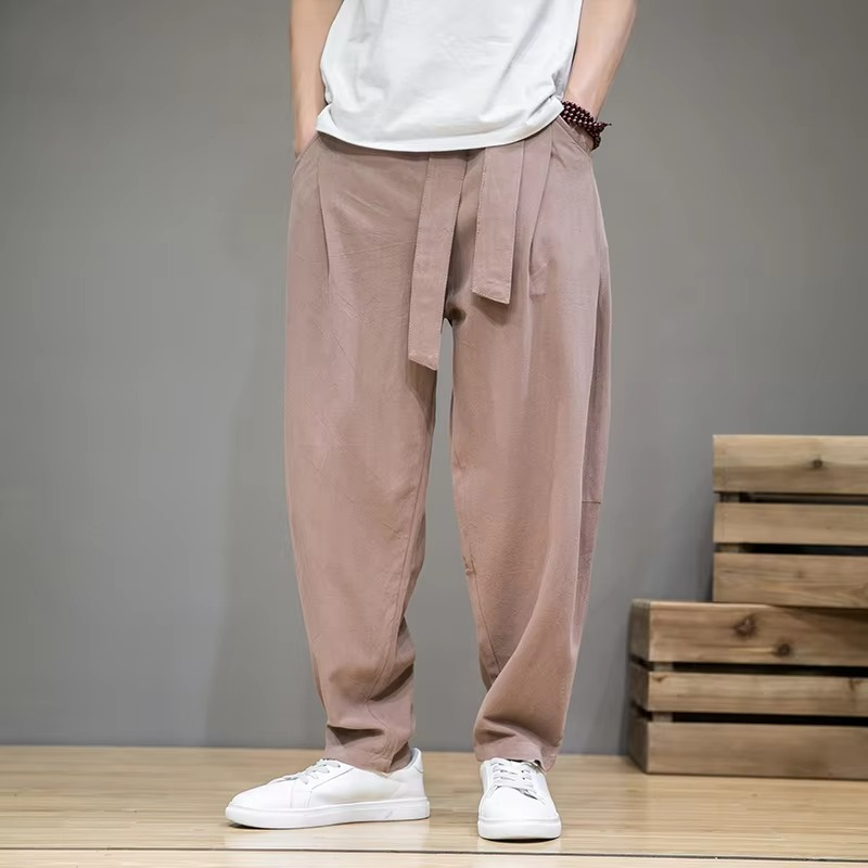 Men's cotton linen harem pants elastic waist relaxed tapered fit breathable everyday comfort