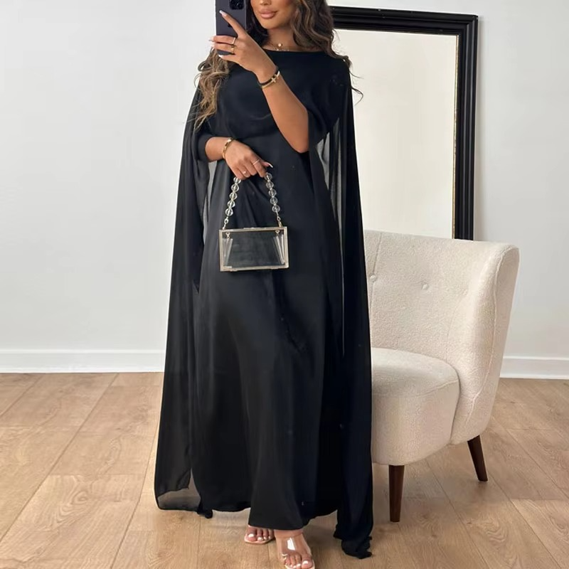 Elegant chiffon long evening gown with flowing shawl sleeves, formal breathable silhouette