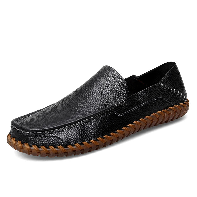 Men's brown leather moc toe loafers with braided trim, classic slip-on style for everyday wear