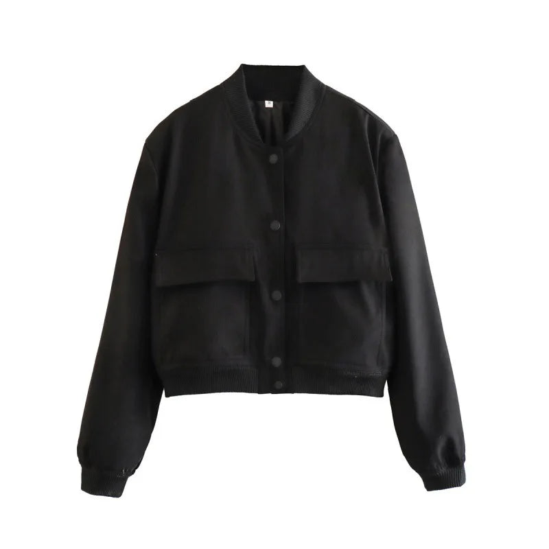 Clara women's casual bomber jacket with pocket front detail, minimalist silhouette for everyday elegance