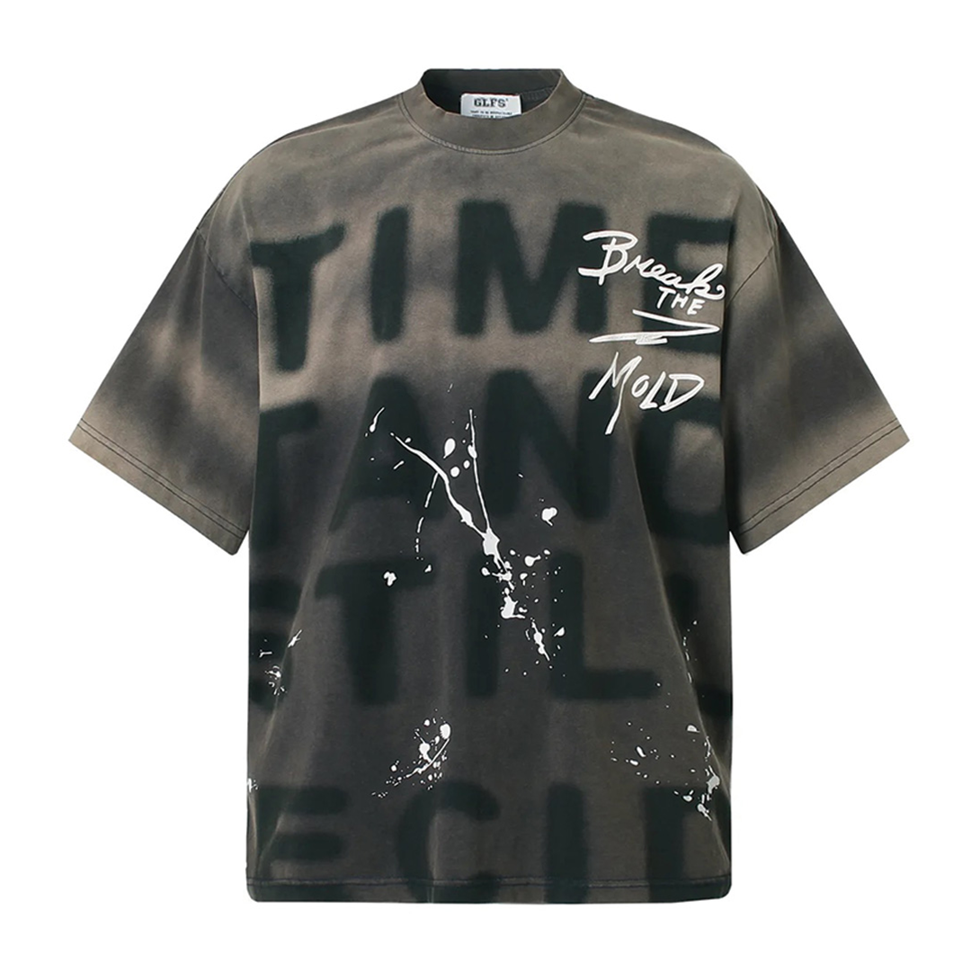 White loose fit graphic tee with bold paint splatter print and O-neck for statement everyday style