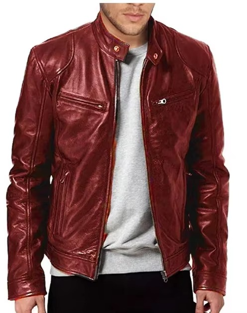 Men's black slim fit PU leather motorcycle jacket with wind-resistant stand collar