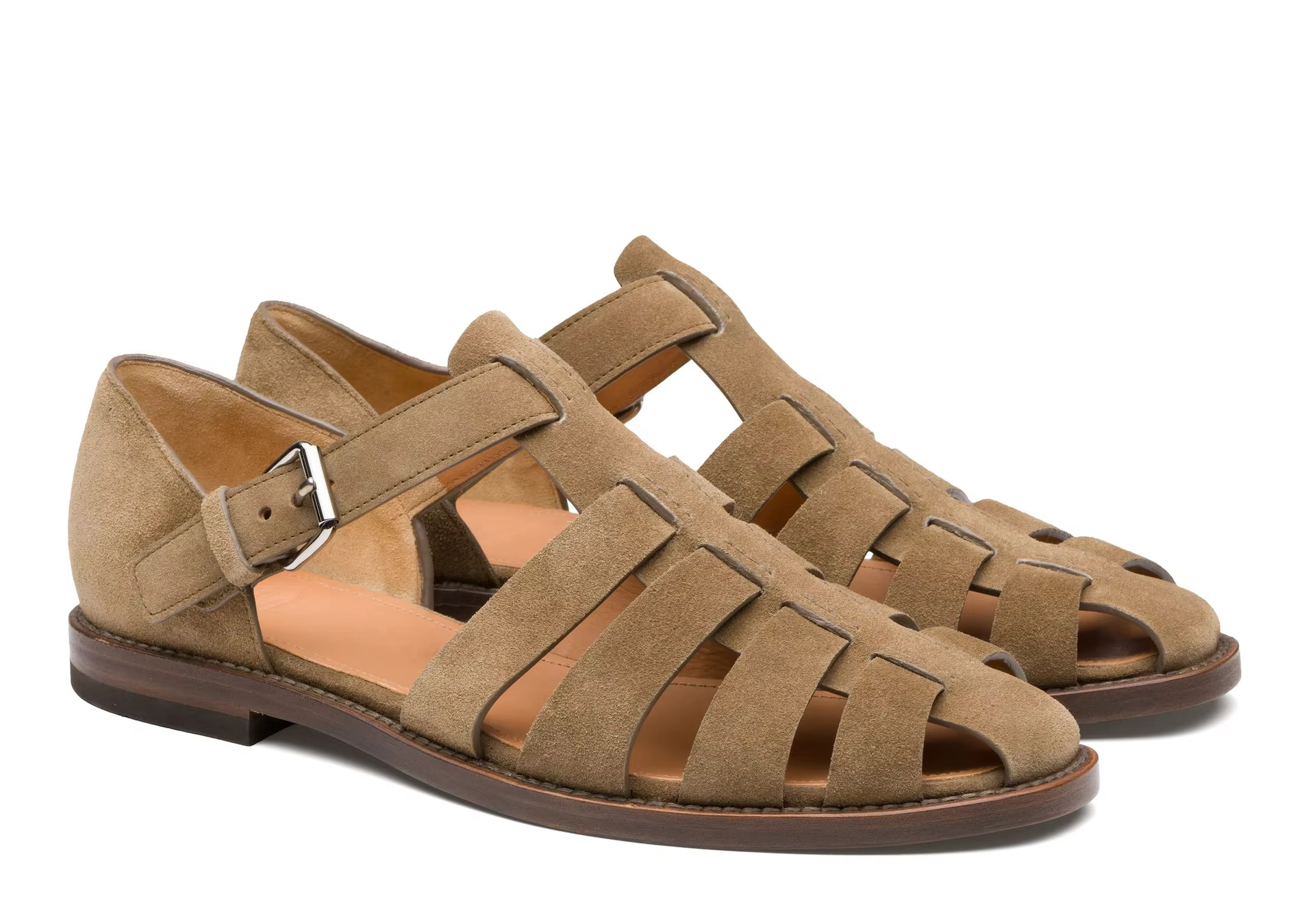 Men's brown leather dress sandals with woven strap detailing, formal open-toe style for summer outdoor wear