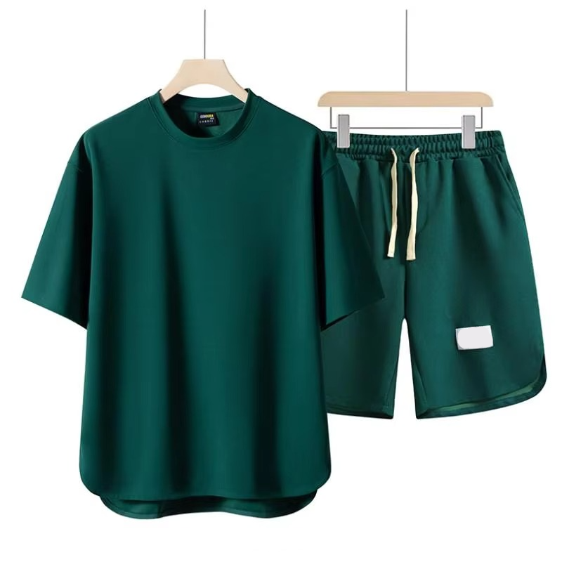 Men's breathable two-piece streetwear set short sleeve shirt matching shorts relaxed loose fit