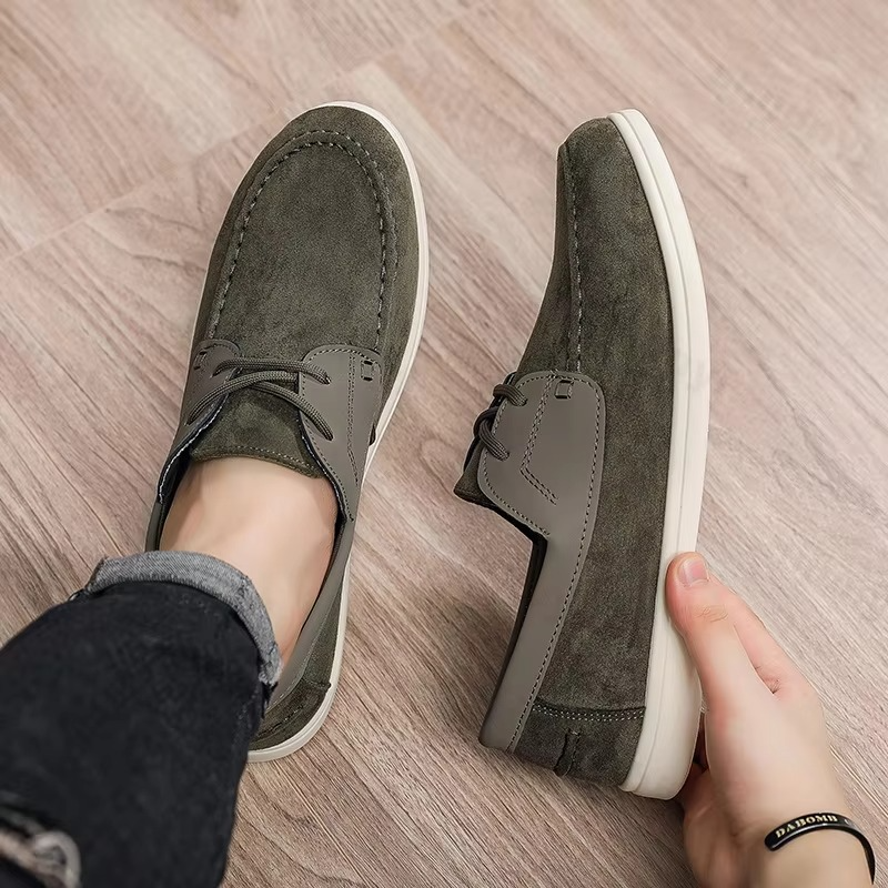 Urbann-Vibe men's frosted suede flat loafers in neutral tone, slip-on business casual style with cushioned sole