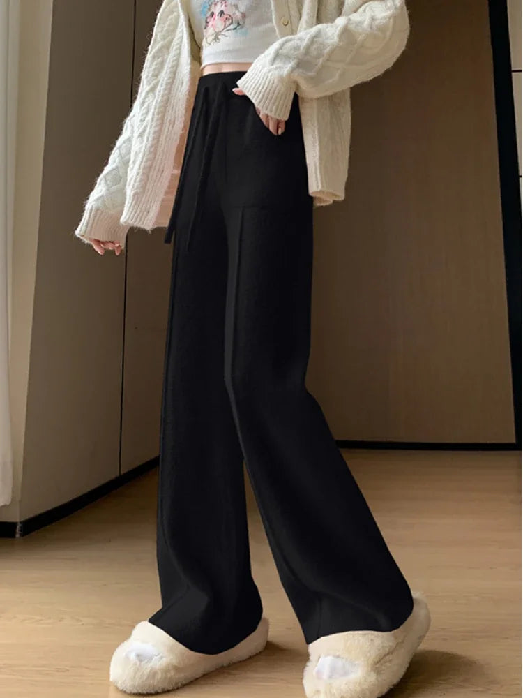 Women's mink fur lounge pants in relaxed wide-leg cut with adjustable drawstring waist