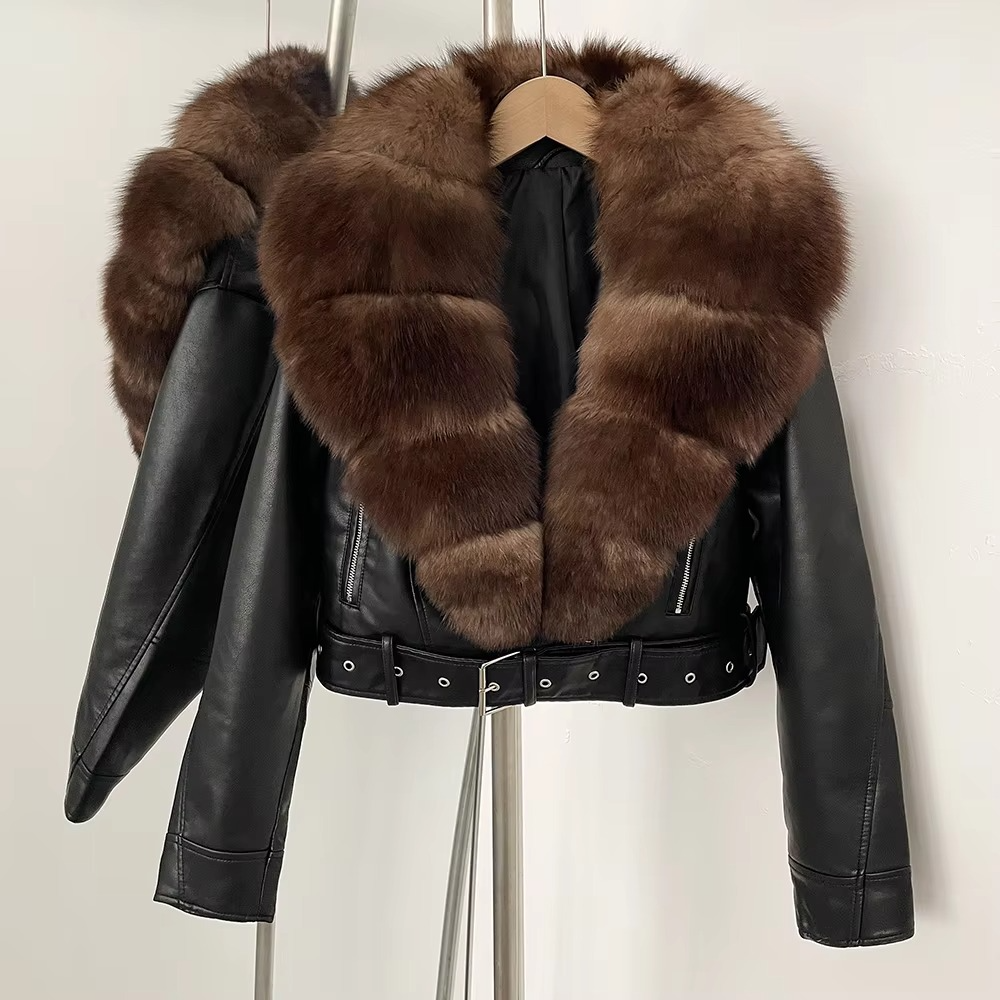 Women's black faux leather coat with fluffy faux fur collar, lightweight chic winter style