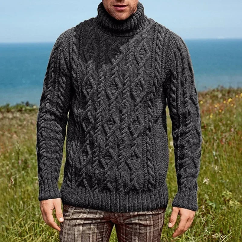 Men's cream cable knit turtleneck sweater with diamond pattern and folded high neck