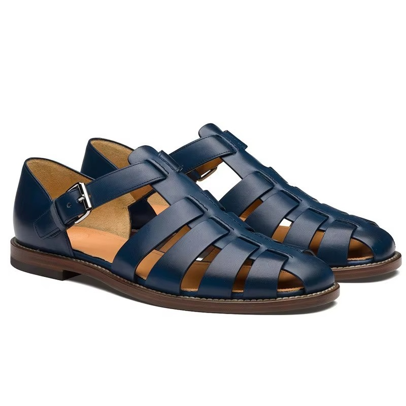 Men's brown leather dress sandals woven strap formal outdoor summer style breathable open-toe design