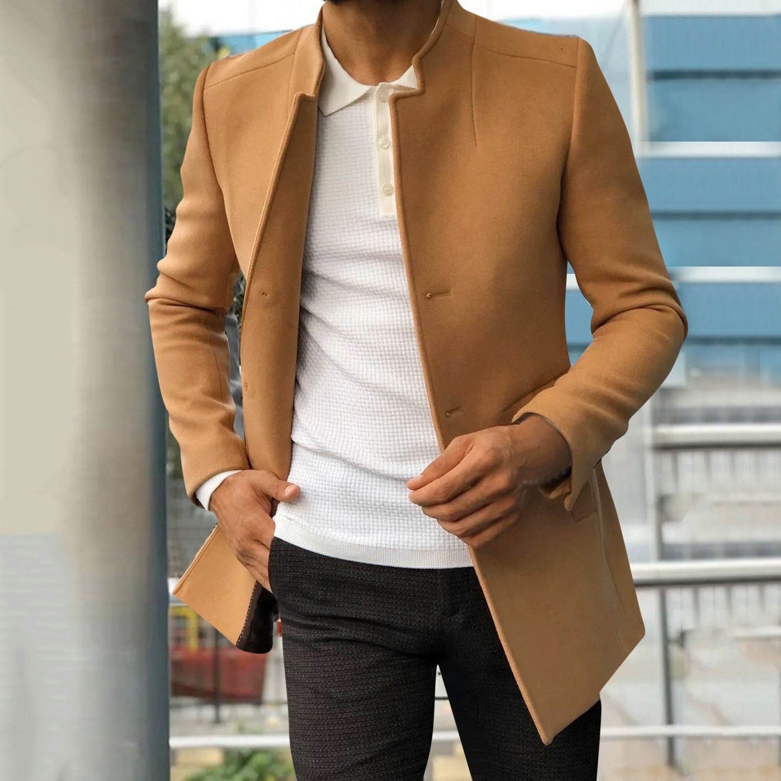 Men's slim fit long structured open front coat smart casual jacket versatile daywear
