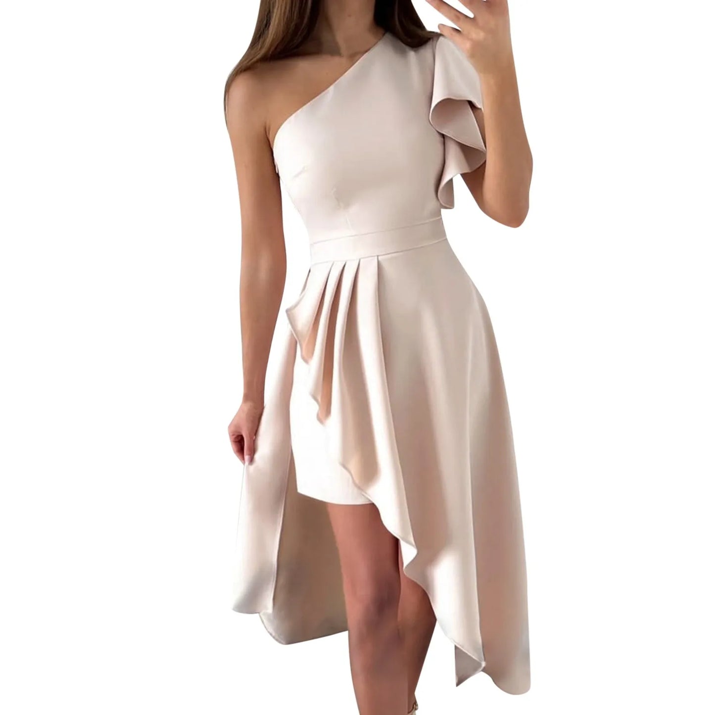 Women's asymmetric one-shoulder elegant dress with sculpted neckline, chic flowing drape for formal events