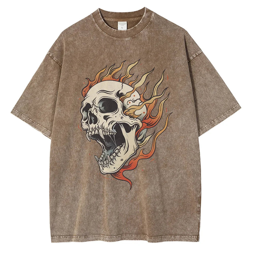 Black oversized heavyweight cotton graphic tee distressed acid wash American traditional flame beast motif