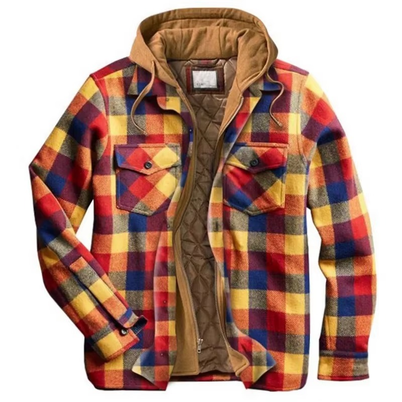 Men's patchwork checkered hooded jacket thick cotton coat American flag design casual fit