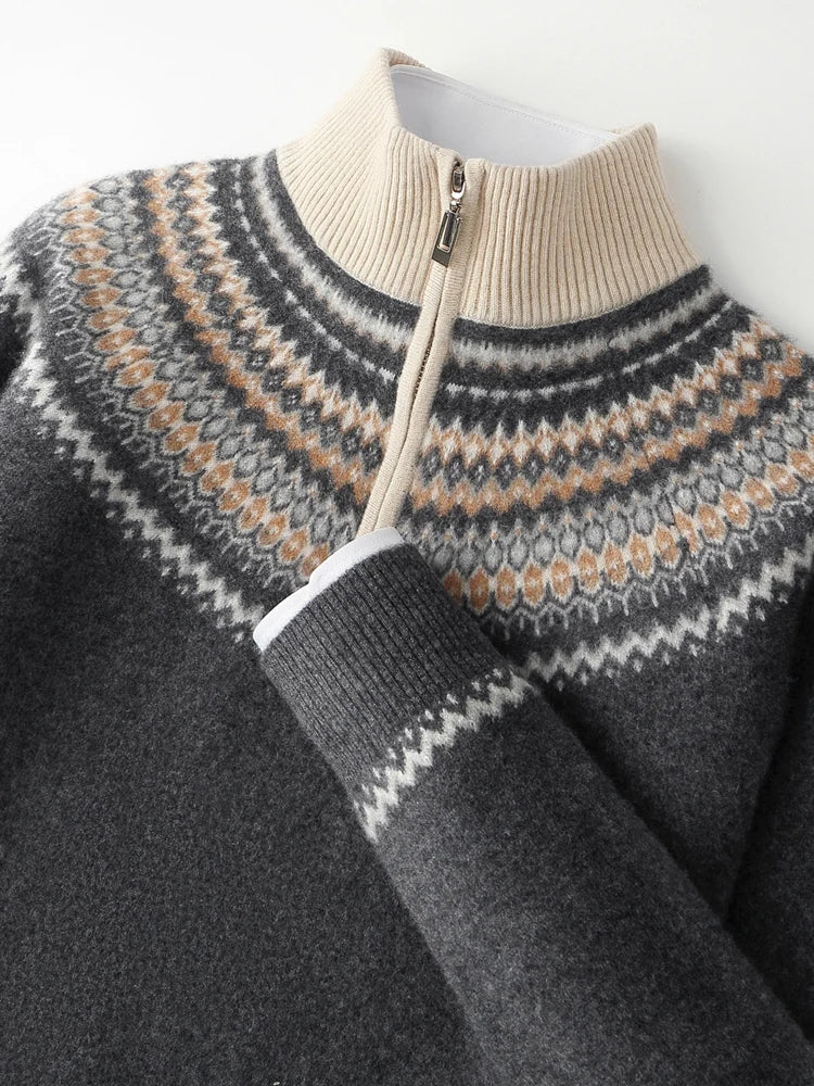 Men's navy Nordic pattern half-zip knit sweater with Scandinavian yoke design for winter layering